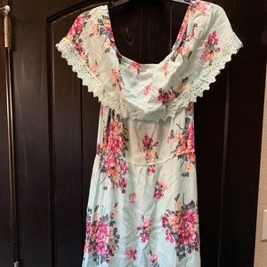 Seafoam green floral off the shoulder maxi dress